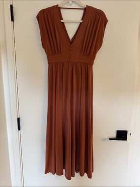 Anthropologie Rust Brown Maxi Dress with V-Neck